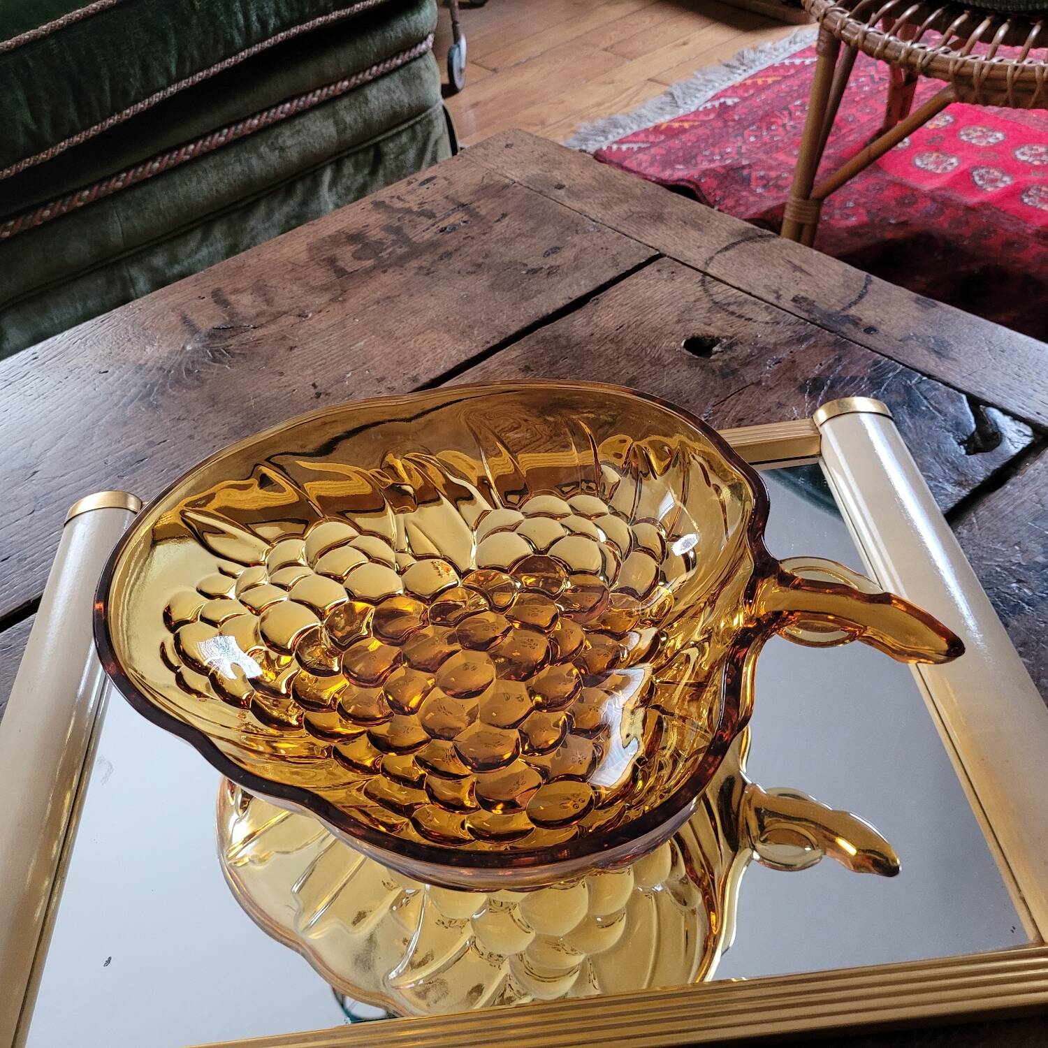 Vintage molded amber glass bowl – leaf and grape motif – years
