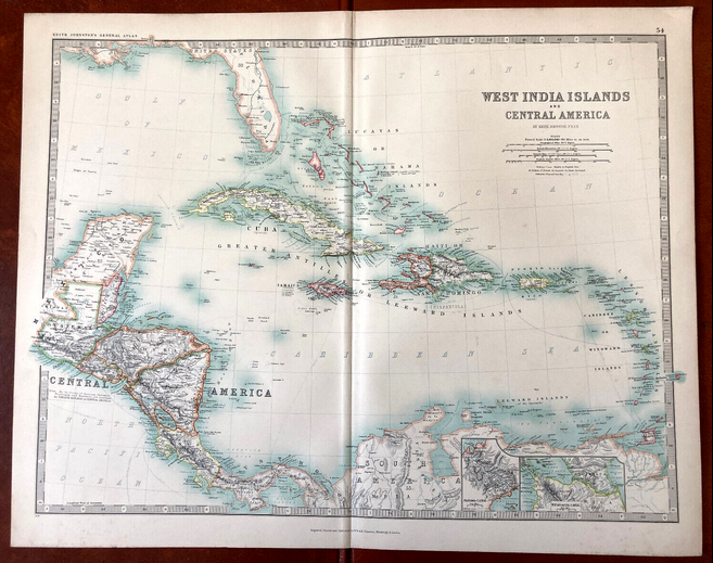 Carte ancienne : West India Islands and Central America : Cuba, les Antilles XIXe