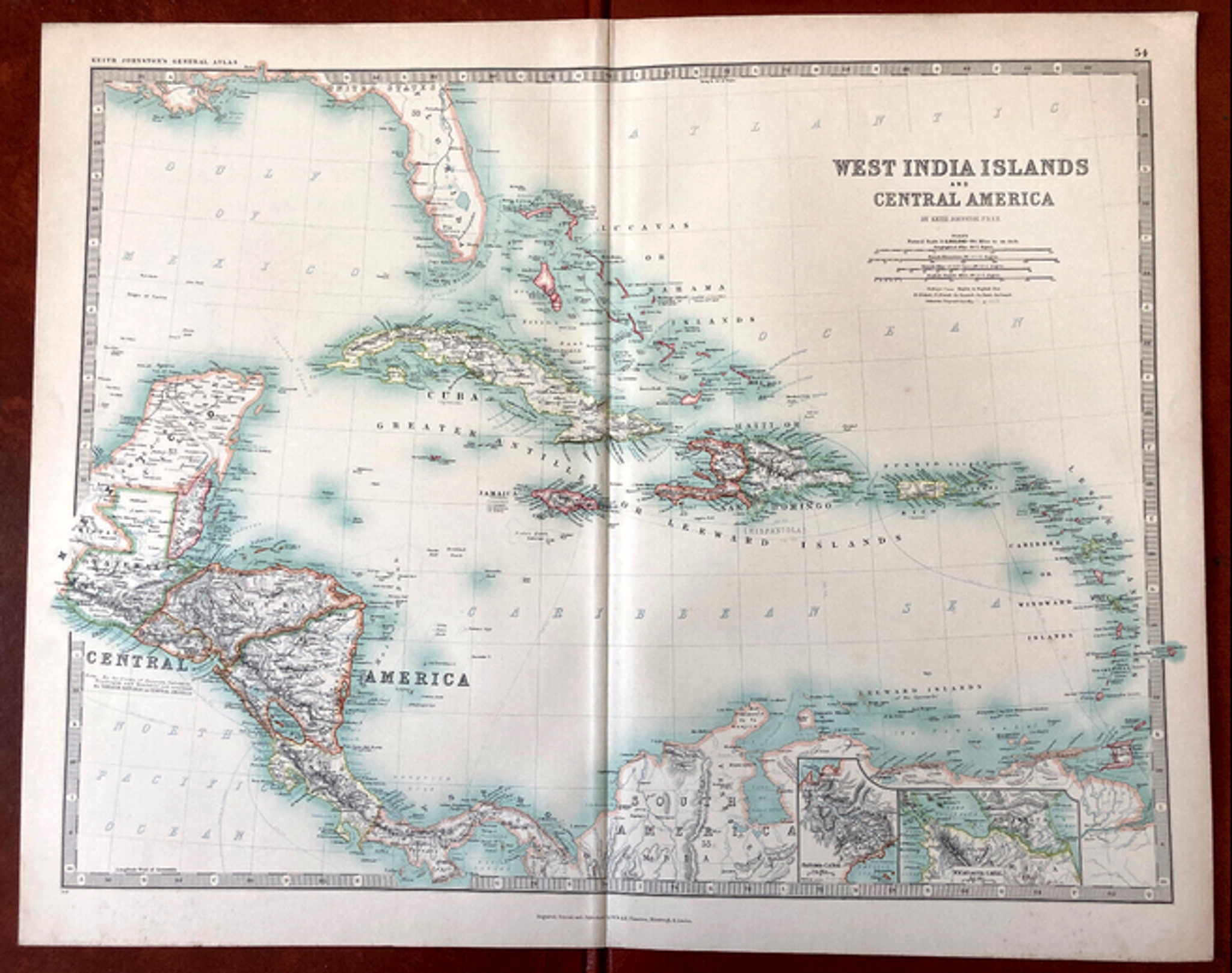 Carte ancienne : West India Islands and Central America : Cuba, les Antilles XIXe