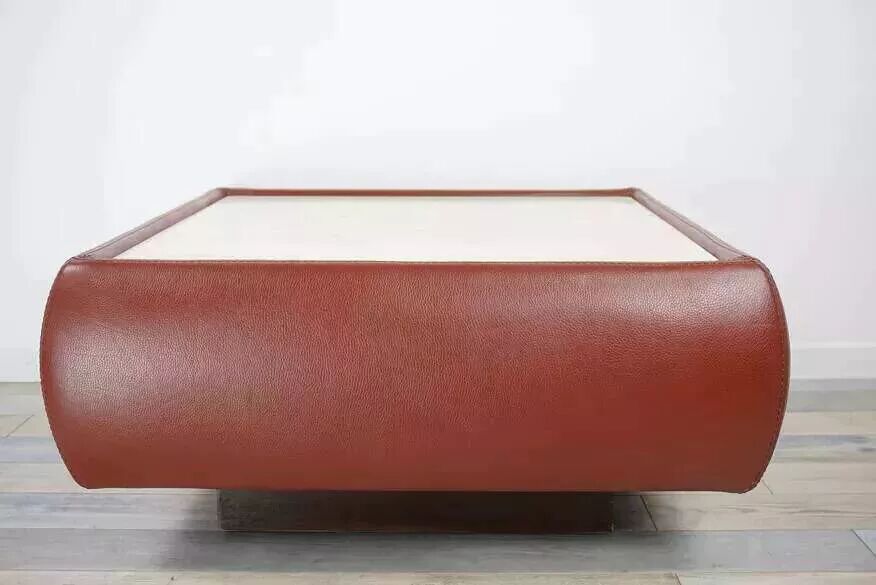 Vintage square travertine and leather coffee table