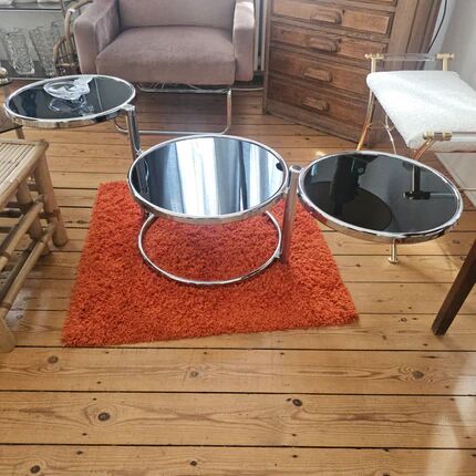 Vintage coffee table with 3 levels and rotating trays in chrome metal and smoked glass - Space Age 1970s.
