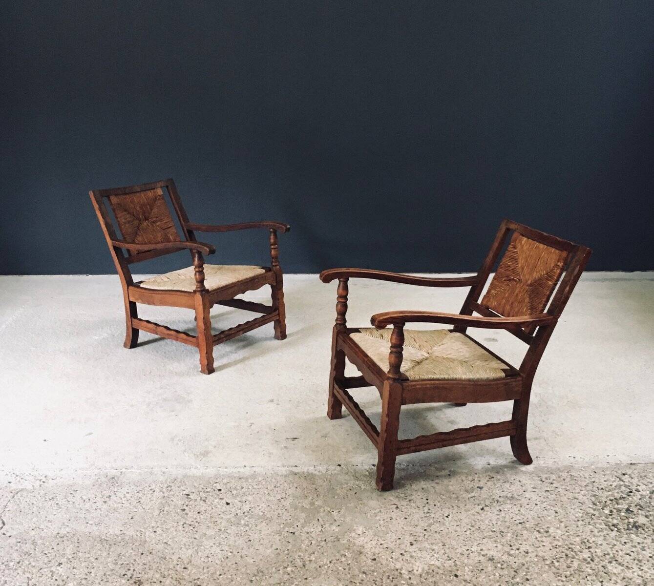 Arts & Crafts Handcrafted Low Lounge Armchairs, Belgium, 1920s, Set of 2