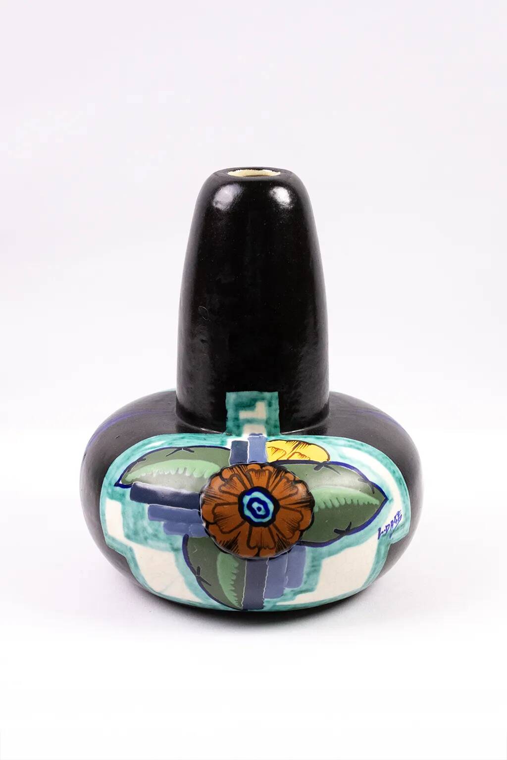 Art Deco Vase by Louis Dage – ceramic with floral decoration on a black background, 1930