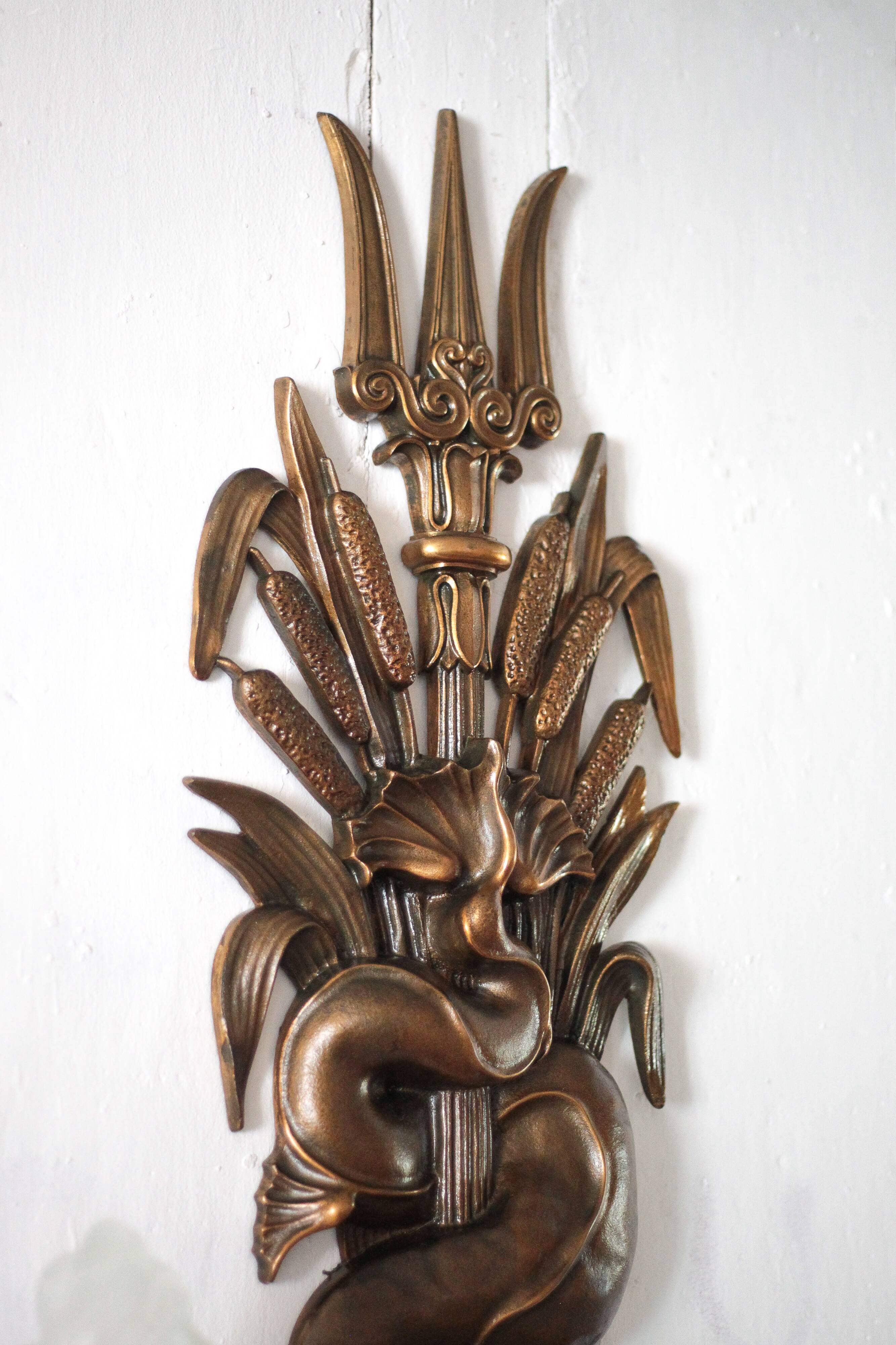 Large bronze wall light with 2 lights, dolphin wall light with reeds