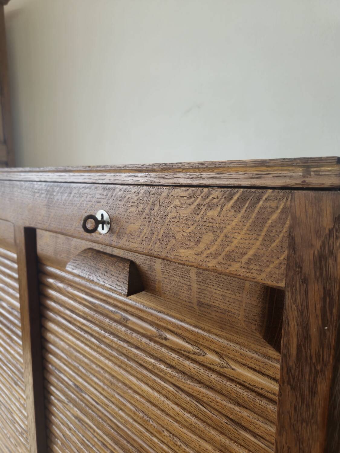 Antique 1950s double sliding door filing cabinet with curtains