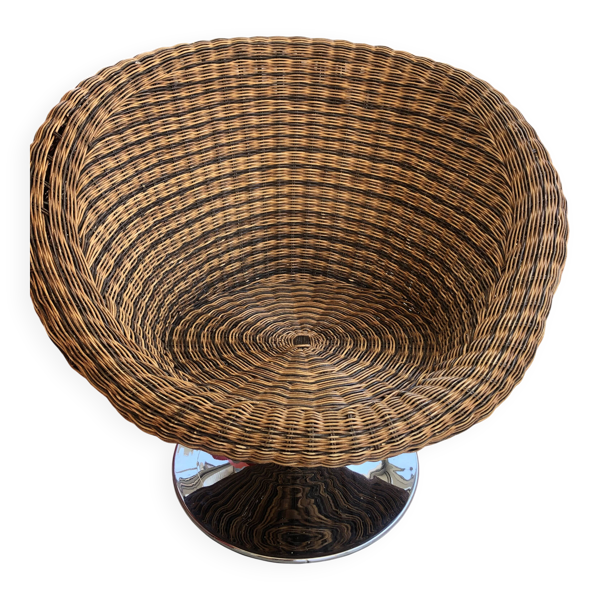 Fauteuil boule demi sphère pivotant vintage osier rotin
