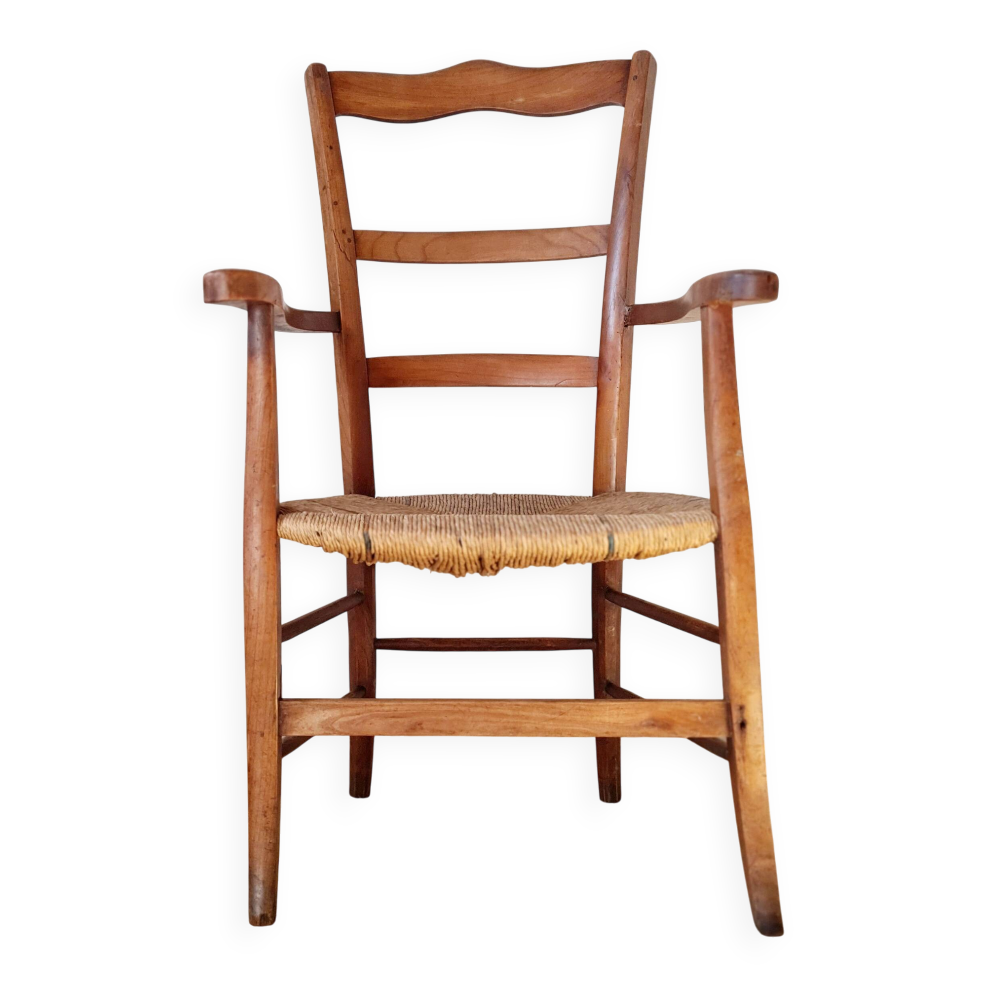 Antique campaign chair in wood and straw