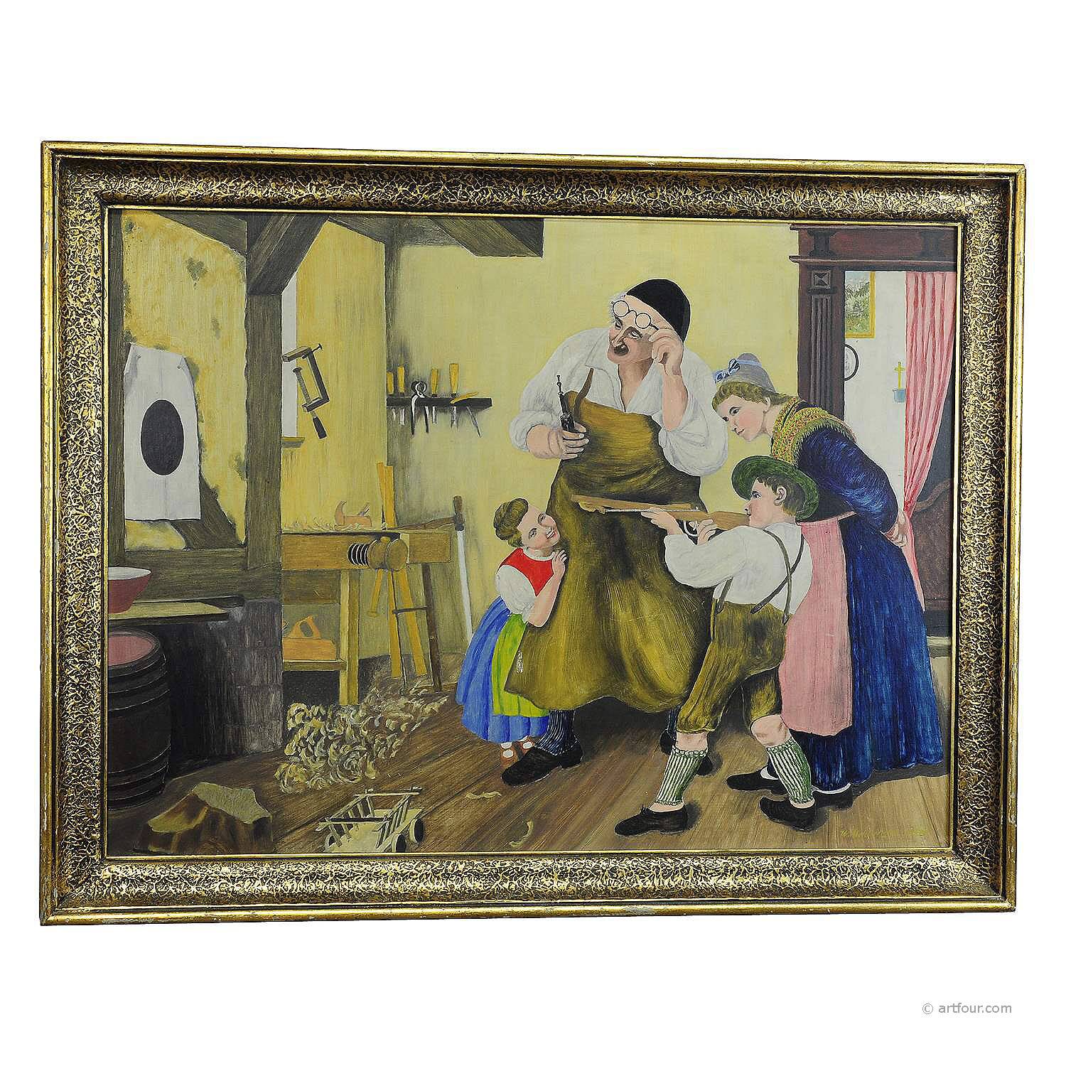 W. Melchinger - Scène folklorique bavaroise dans une menuiserie 1956