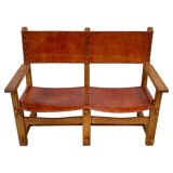 Vintage French Handmade Castle Bench in Oak and Cognac Leather, 1960s.