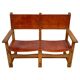 Vintage French Handmade Castle Bench in Oak and Cognac Leather, 1960s.