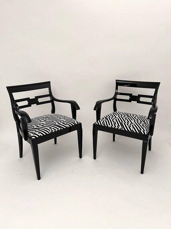 Art Deco Armchairs in Black Lacquer and Black-Creme Fabric, 1925