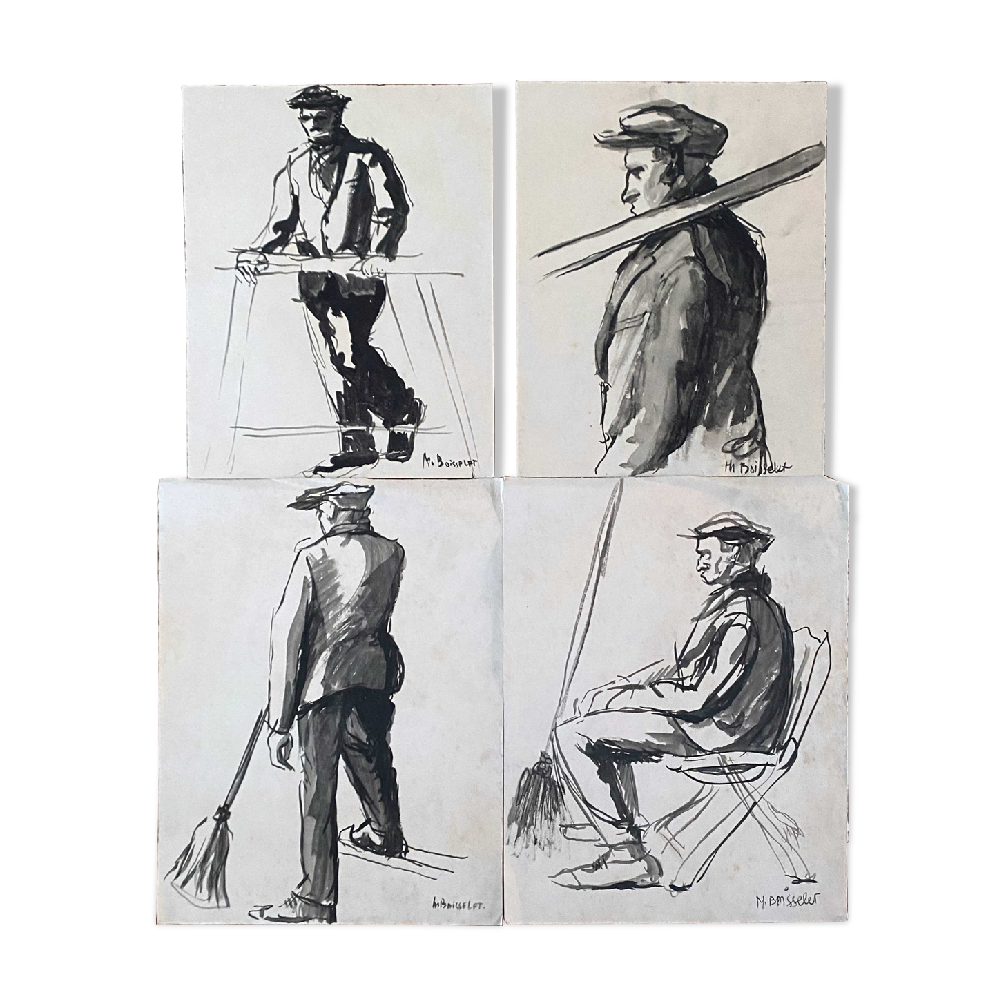 Painting Lot of 4 original inks (mid 20th century) signed Boisselet