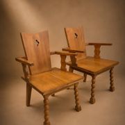 Pair of brutalist armchairs, oak, France, circa 1950.