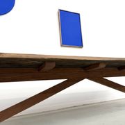 Refectory table in solid pine and beech, with X-shaped legs.