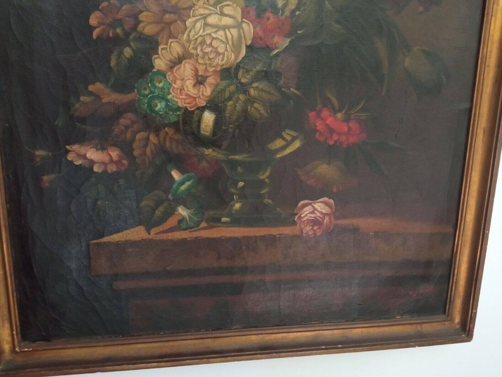Old painting Bouquet of flowers oil on canvas still life 19th century