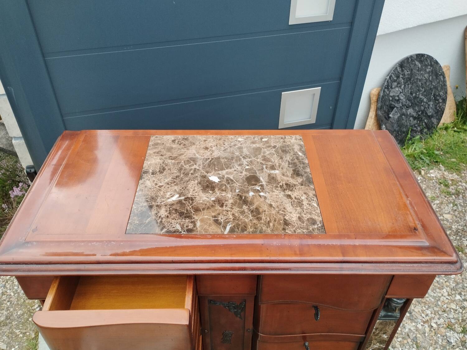 Antique weekly chest of drawers, Louis XVI style marble top
