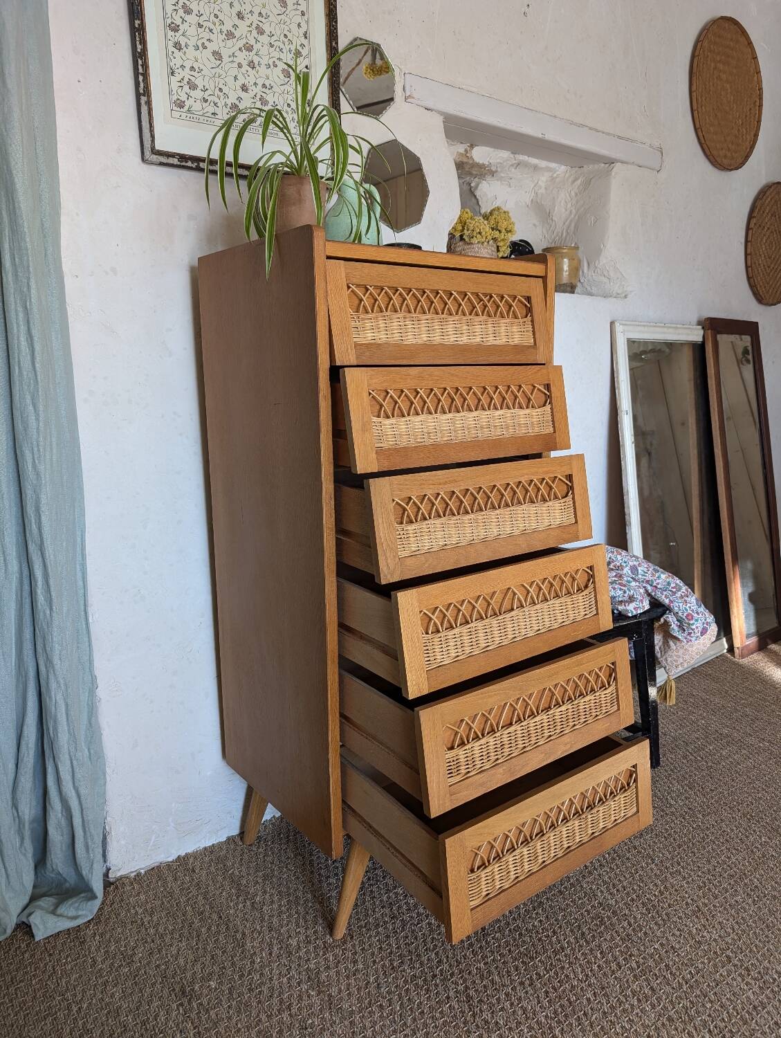 Vintage oak and rattan chiffonier