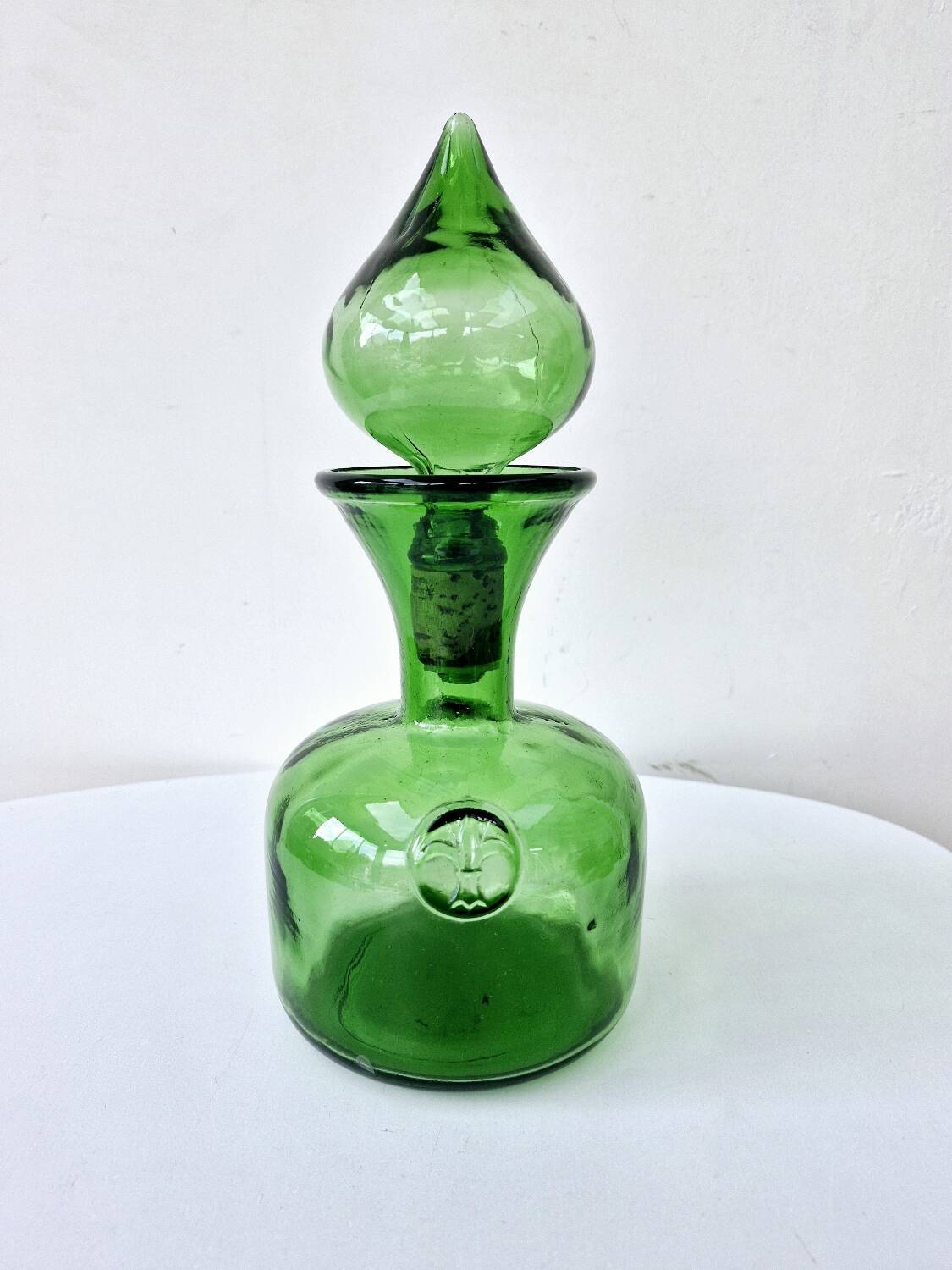 Vintage Green Empoli Italian Glass Carafe With Fleur De Lys Seal Stopper