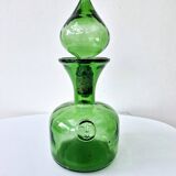 Vintage Green Empoli Italian Glass Carafe With Fleur De Lys Seal Stopper