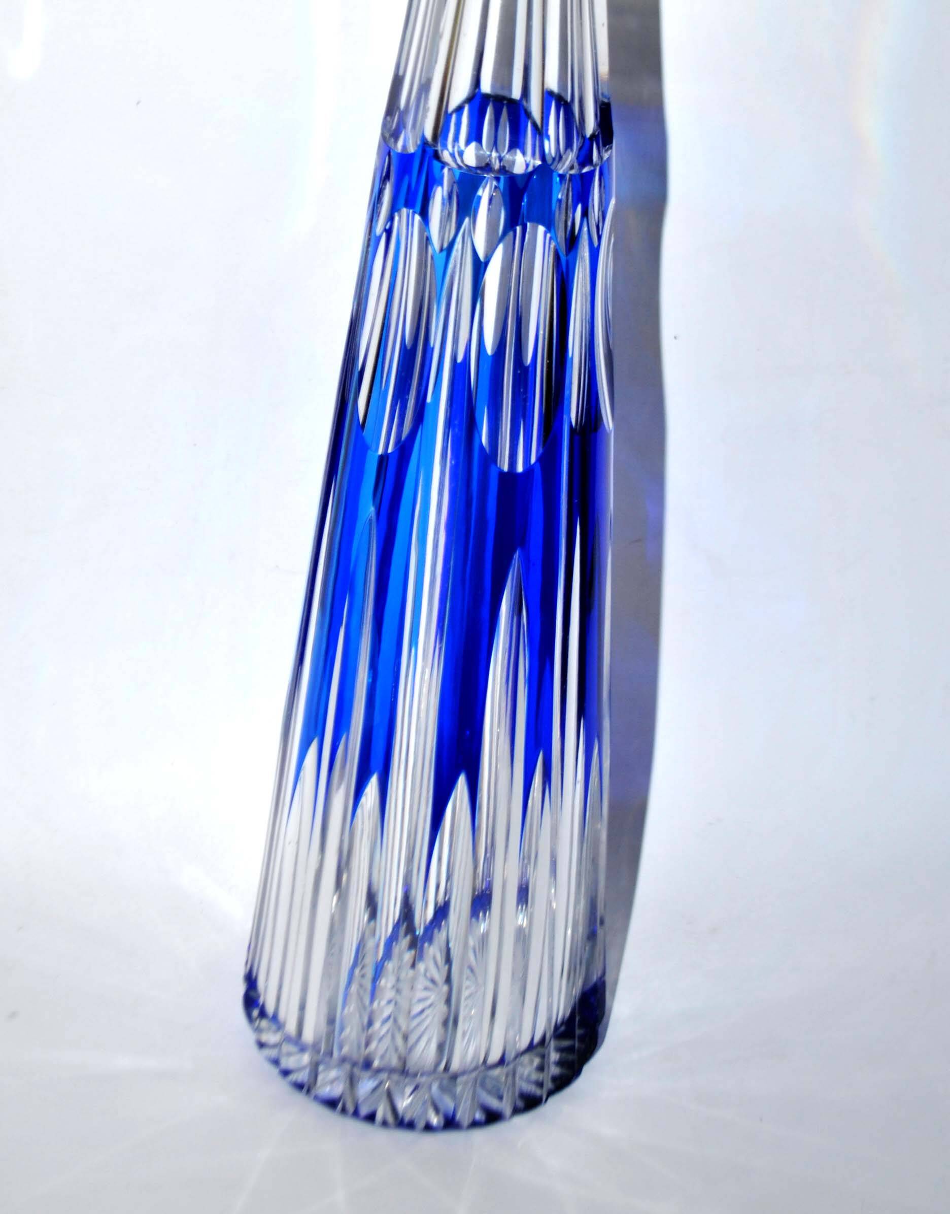 Antique Overlay NELLY carafe in crystal lined with cobalt blue SAINT-LOUIS 1930