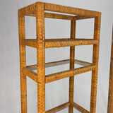 Set of 2 mid century tall wicker and glass etagere cabinet, 1970s