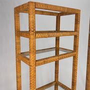 Set of 2 mid century tall wicker and glass etagere cabinet, 1970s