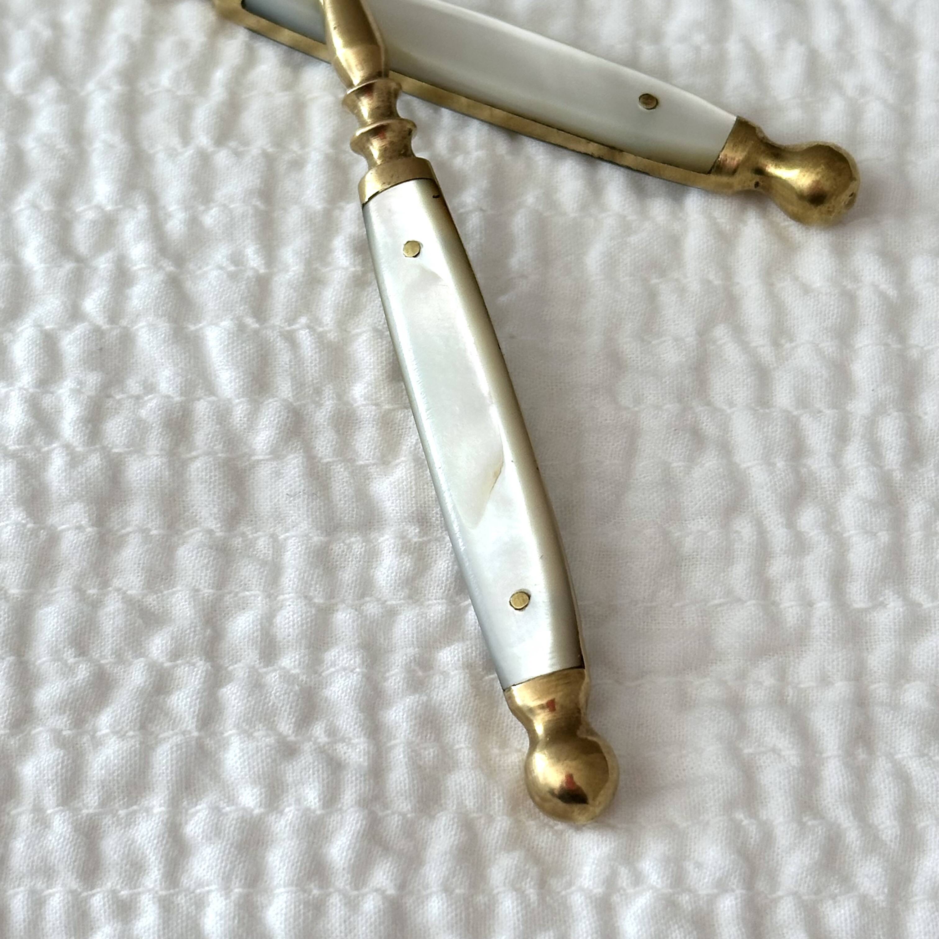 Antique Fruit Cutlery Set for 6 · Brass & Mother-of-Pearl · Original Box