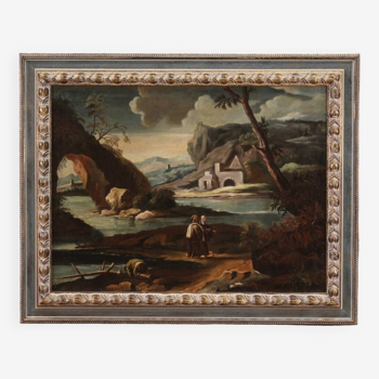 Ancien tableau italien paysage avec personnages du 18ème siècle