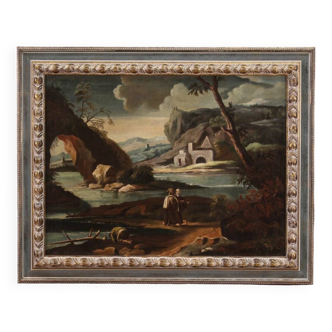 Ancien tableau italien paysage avec personnages du 18ème siècle