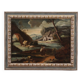 Antique Italian Painting Landscape With Characters From 18th Century