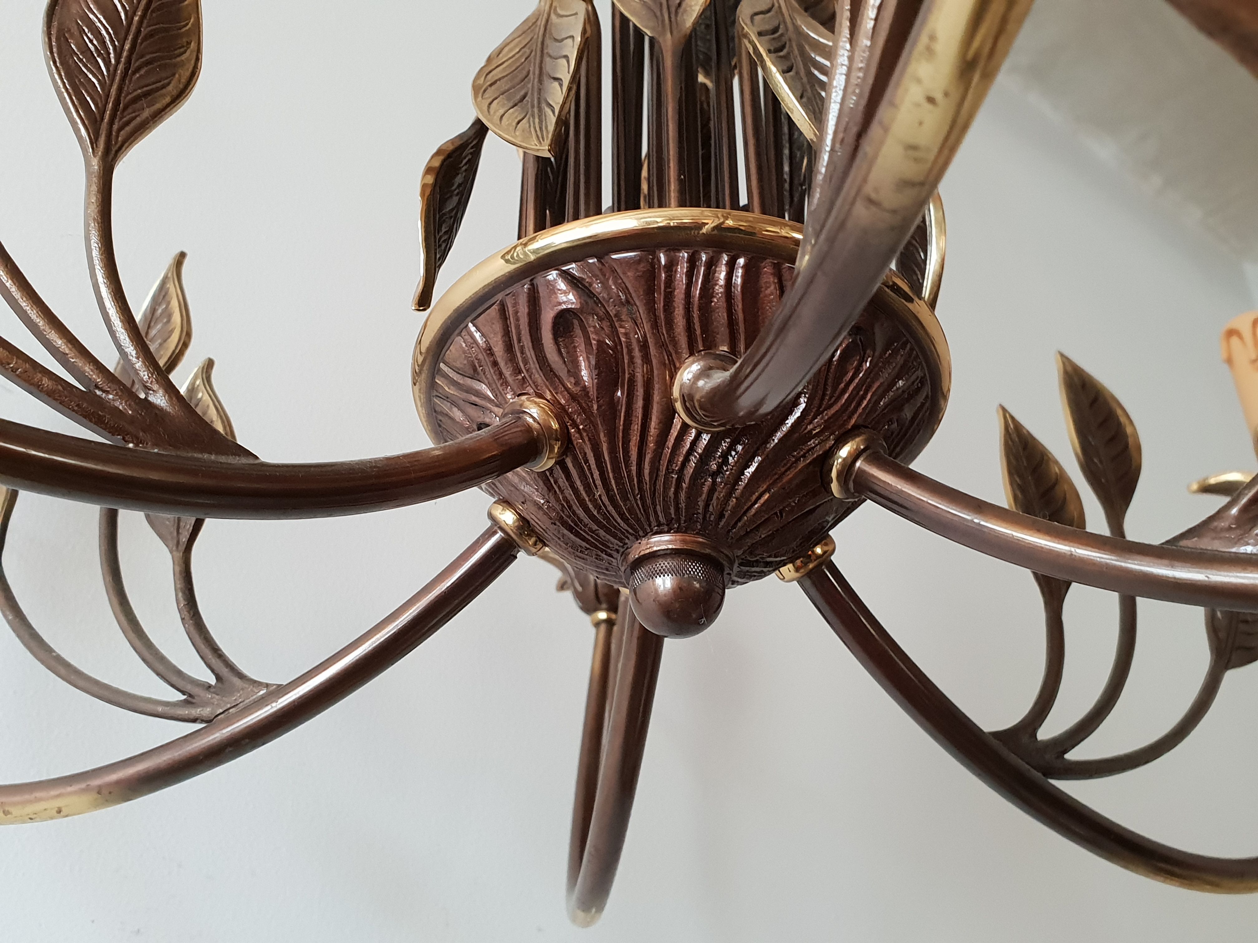 Leaves in gilded brass chandelier 1970