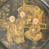 CHINA, black lacquered wood cup decorated three dignitaries early twentieth century