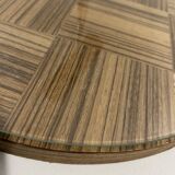 Vintage round wooden cheese board covered with glass plate with foldable handle