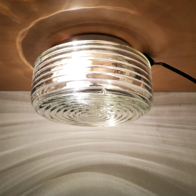 Portuguese mid century clear swirl glass flush mount bathroom light lamp 1960s