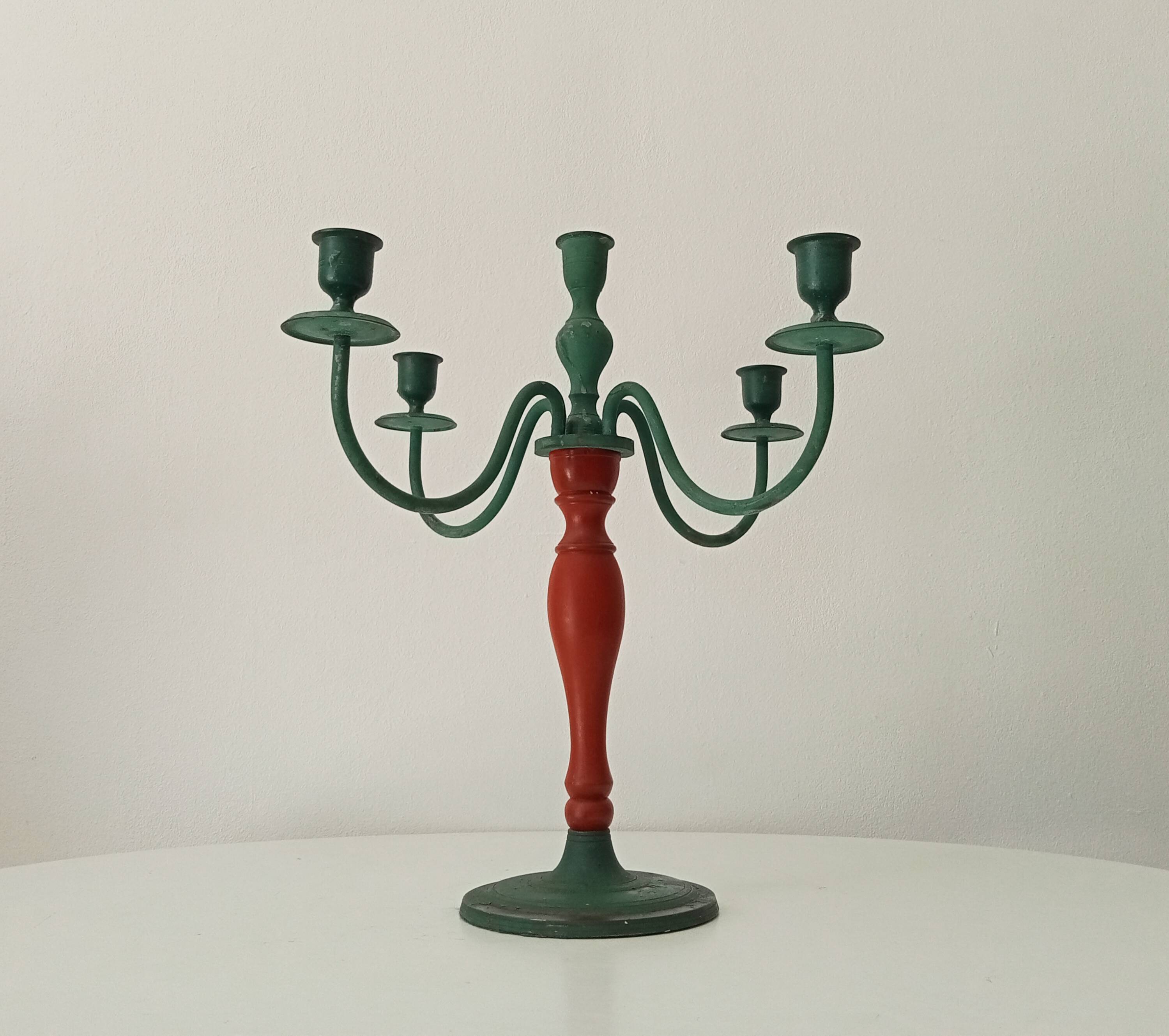 Antique 4-branch wood and metal candlestick