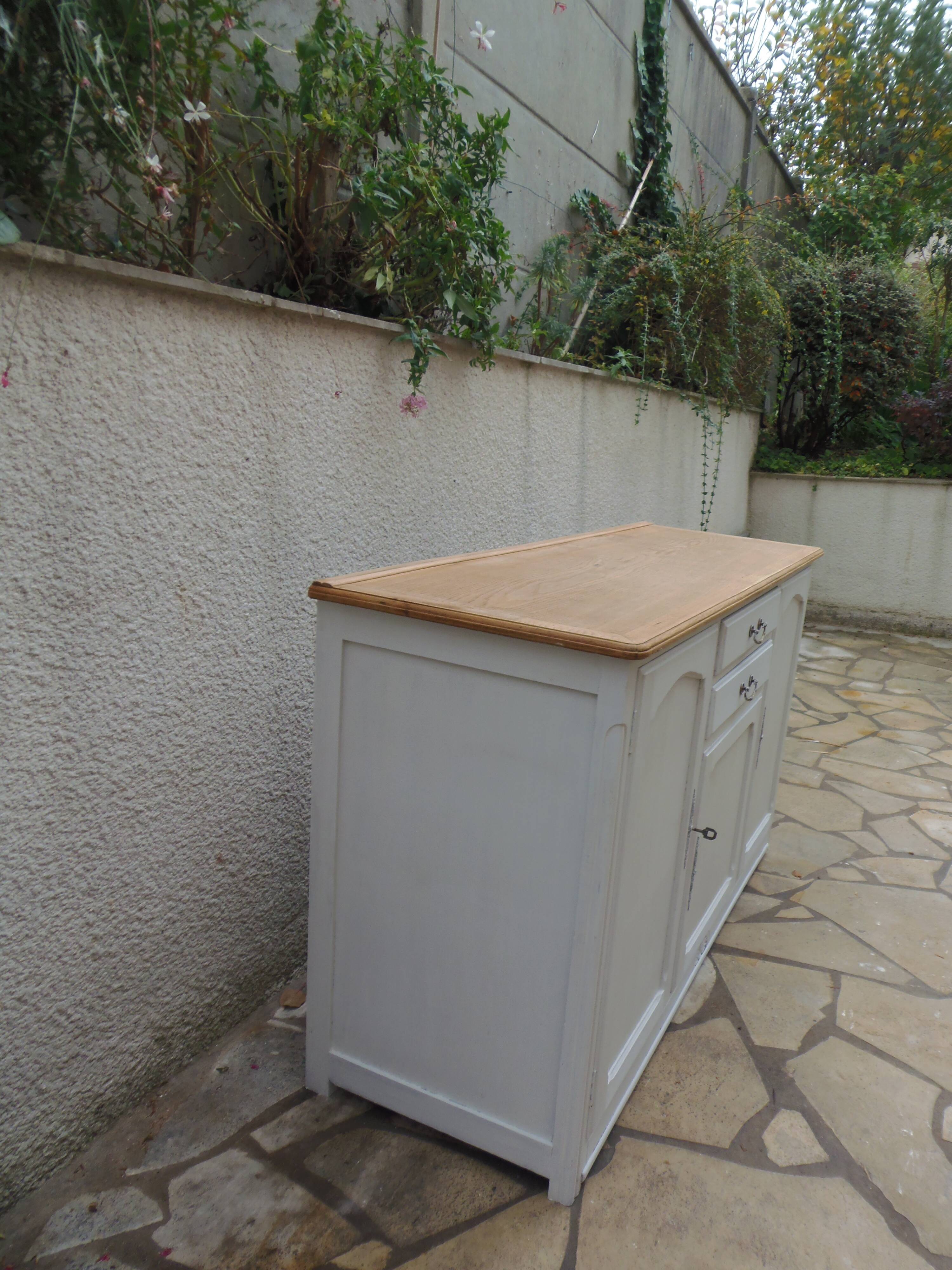 Vintage sideboard in pearl grey patinated oak, wooden top.