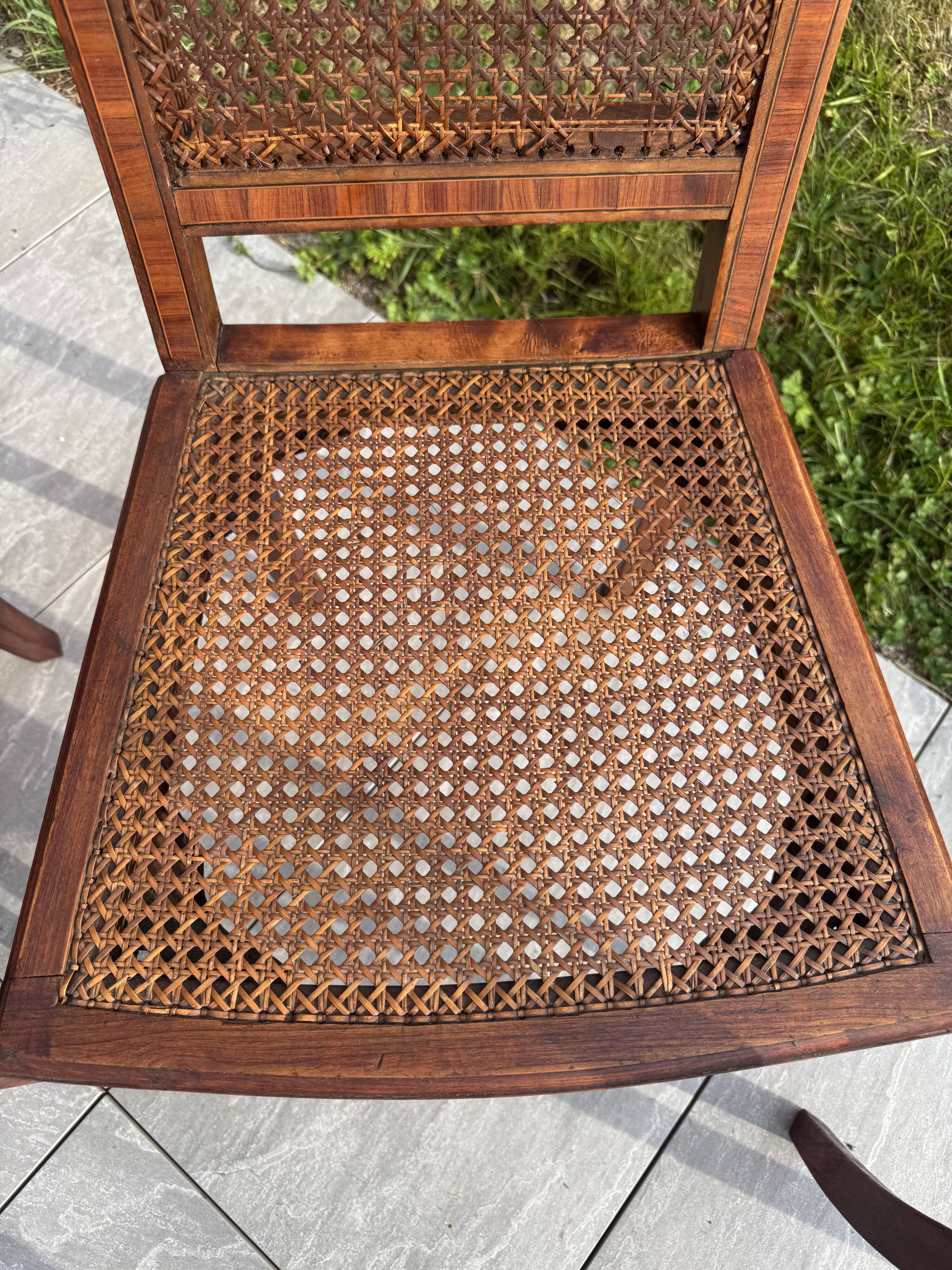 Set of four antique Louis XVI style chairs, wood and cane