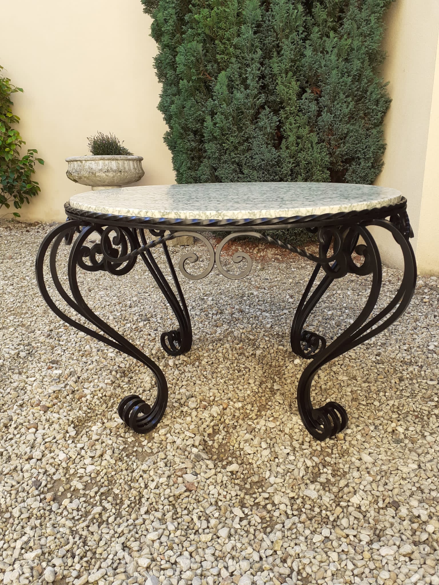 Marble and wrought iron coffee table