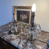 Antique, pair girandoles, candle holders, gilded brass, tassels, glass, drops, florets, 1 burner