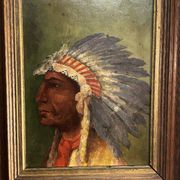Old oil painting on panel of a Native American chief from the 19th century Wild West.