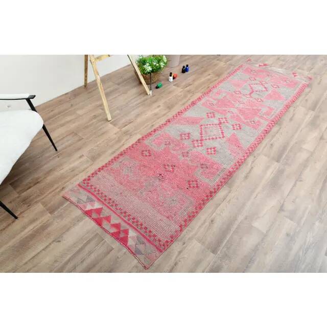 1970s Vintage Turkish Oushak Handmade Wool Cotton Pink Runner Rug 90x312