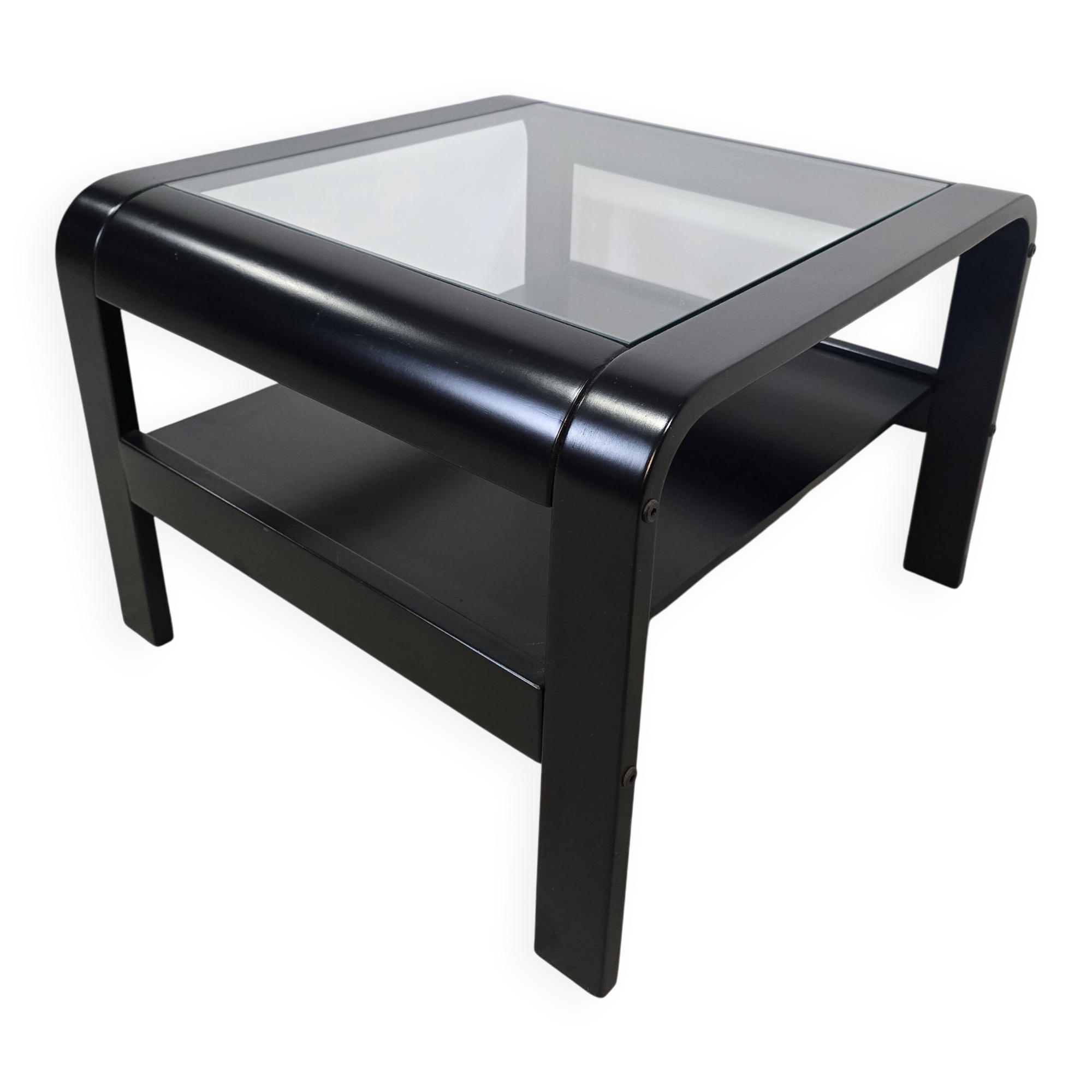 70s Bentwood Coffee Table with Glass Top – Mid Century Modern Black Si