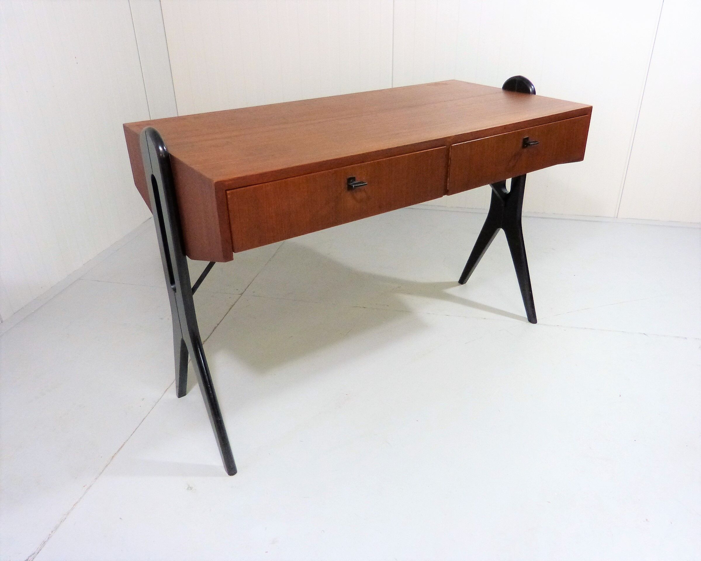 Vintage teak desk with black scissor legs 1960's
