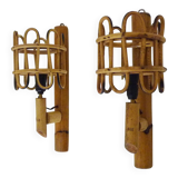 Pair of bamboo rattan lantern wall lights. 50s 60s