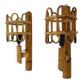 Pair of bamboo rattan lantern wall lights. 50s 60s