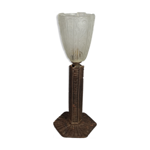 lampe de table art déco fer forgé & verre pressé moulé h: 36 cm sb