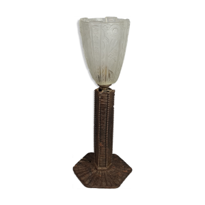 Lampe de table art déco fer forgé & verre pressé moulé h: 36 cm sb