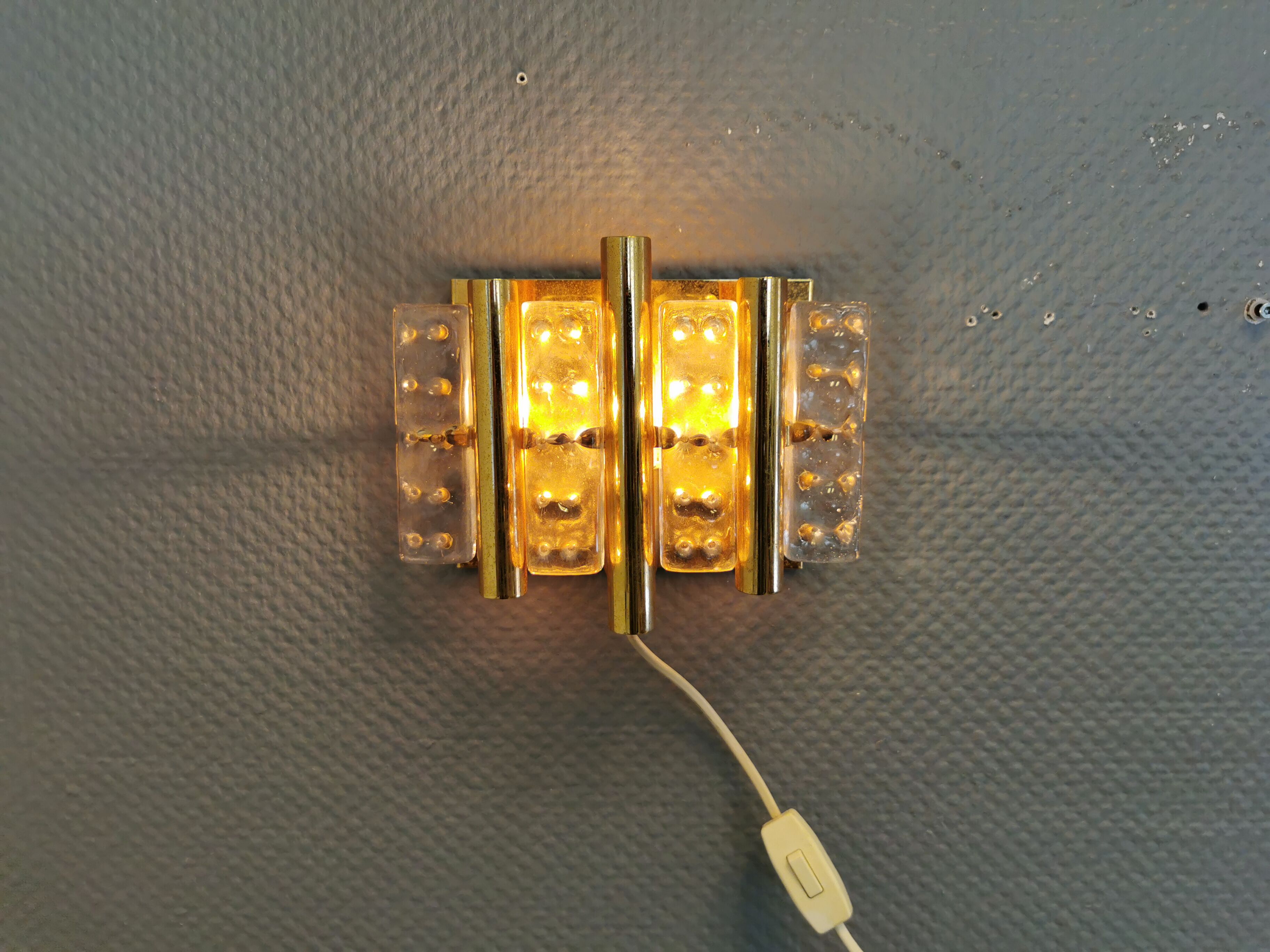 Old Swedish wall lamp, made of hard pressed glass, brass and metal