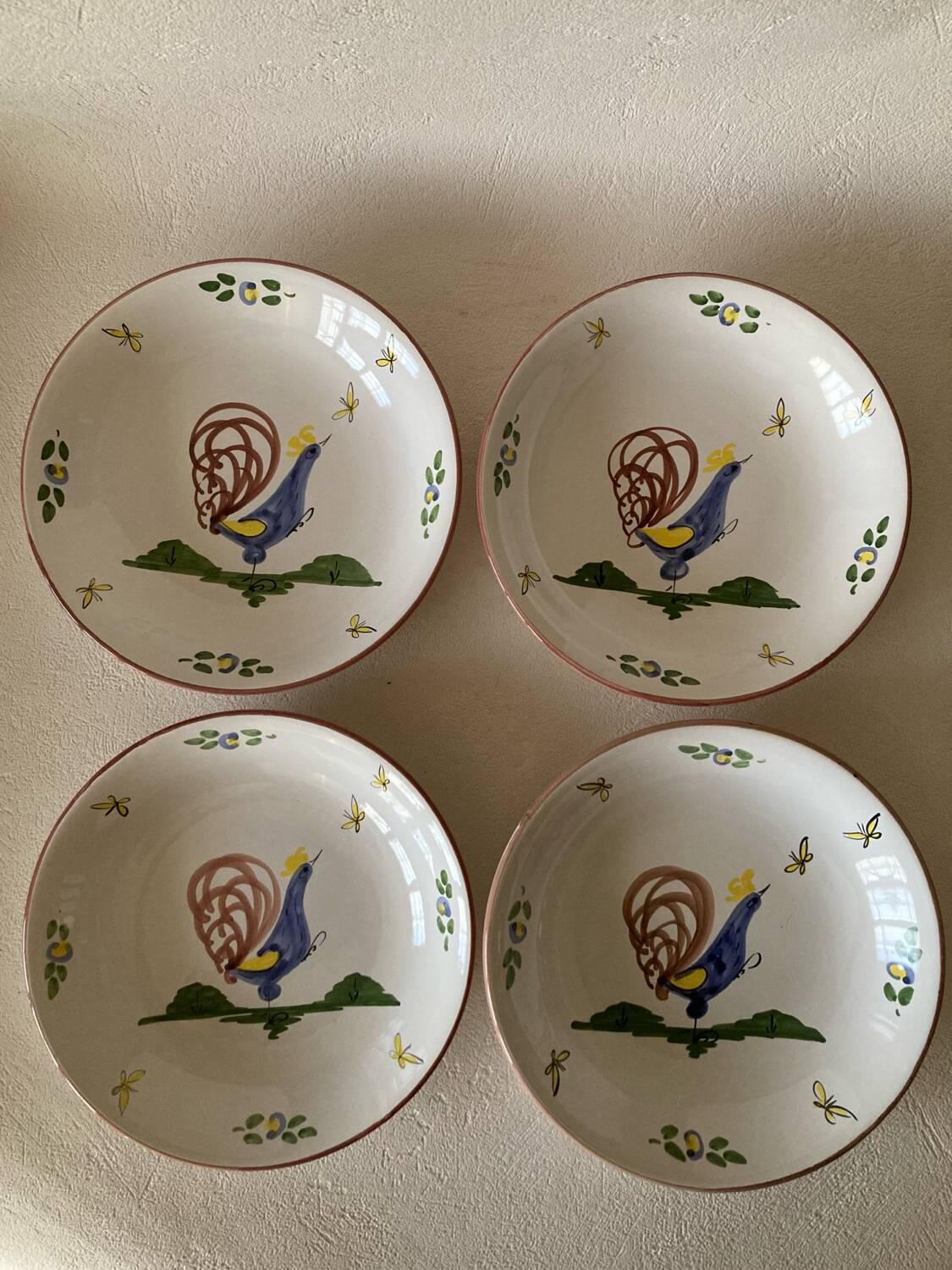 12 soup plates with calottes, Rooster La Rochelle decor, 18th century copy