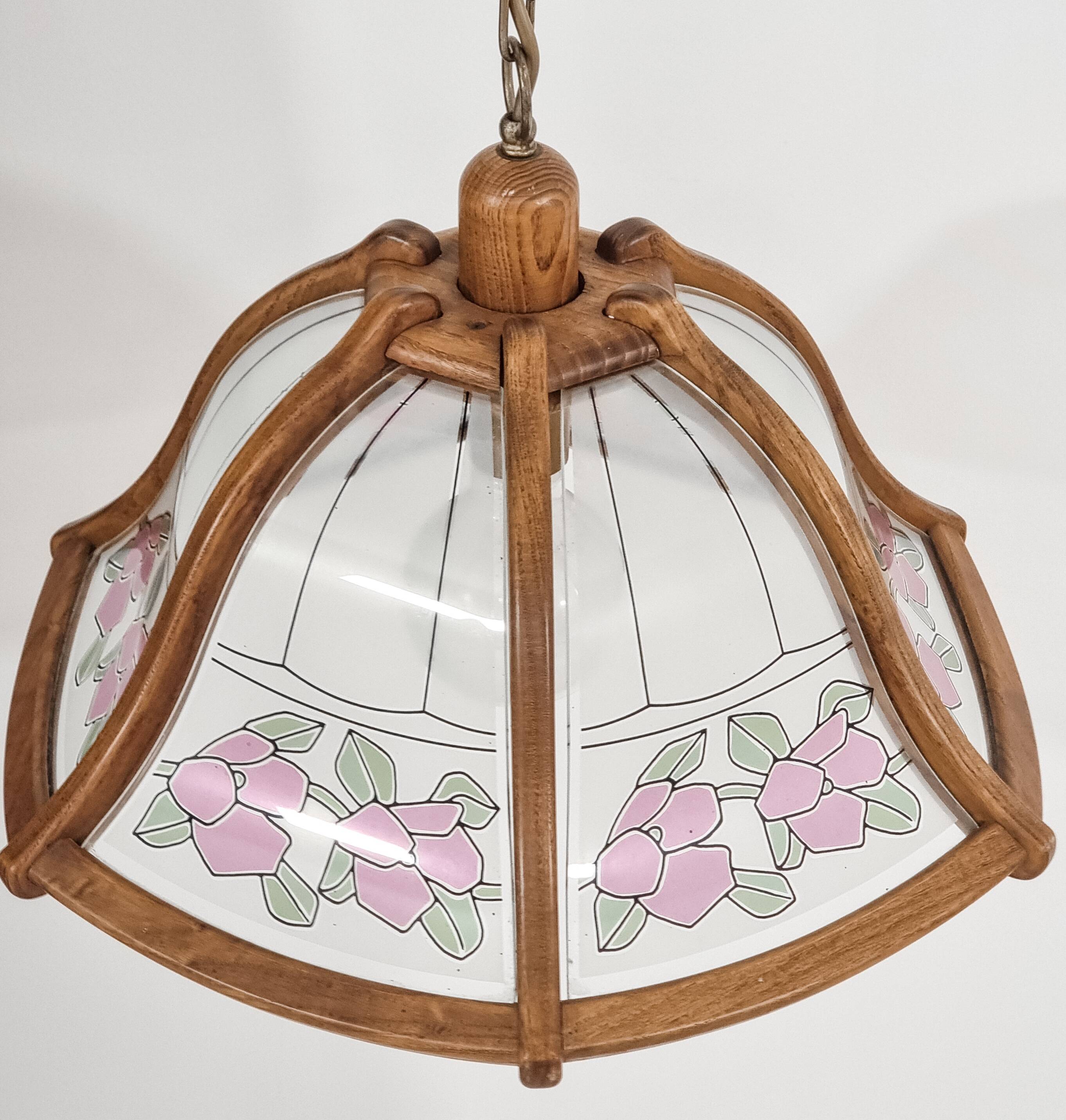 Art Nouveau style chandelier in wood and glass from the 1970s